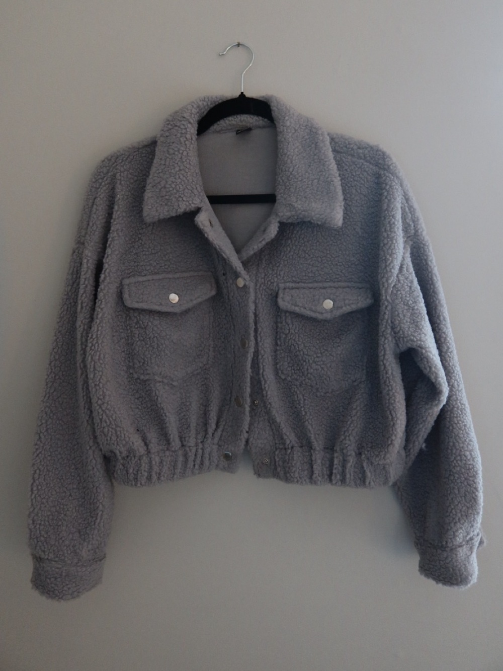 Cropped Grey Teddy Sherpa Jacket - Women's Plush Fleece Coat